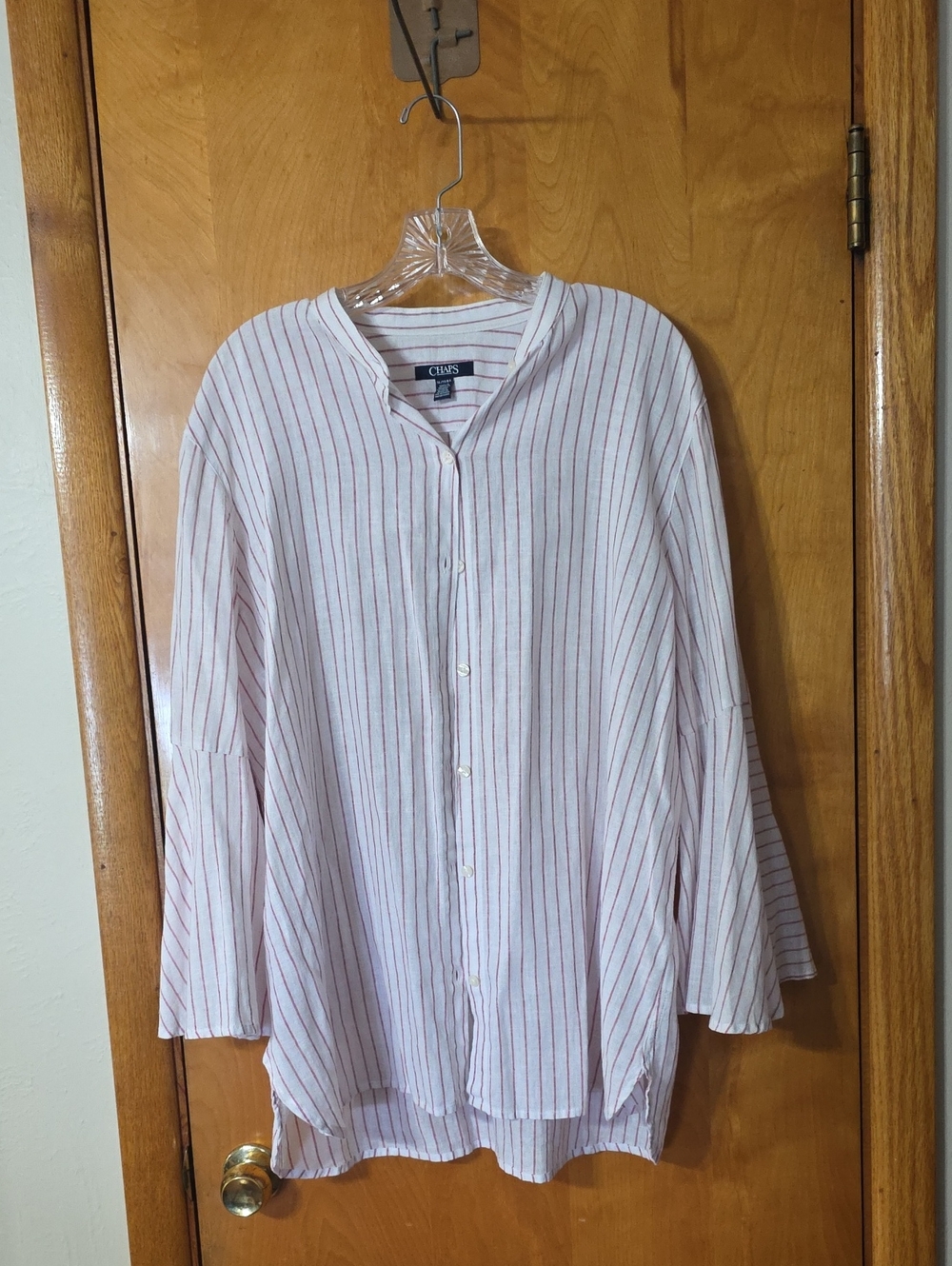 Chaps Womens  Linen, White Button-Front Shirt with Red Stripe